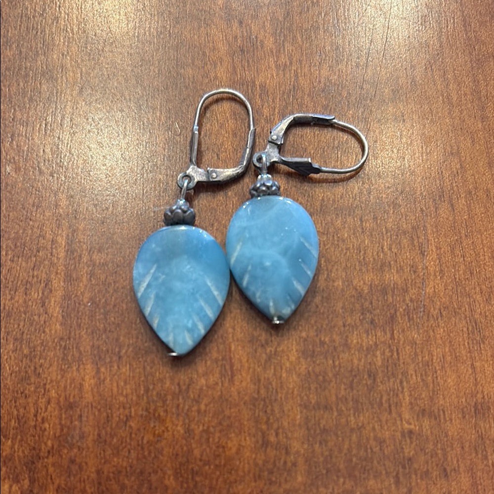 Blue and Silver Teardrop Earrings with Polished Stone